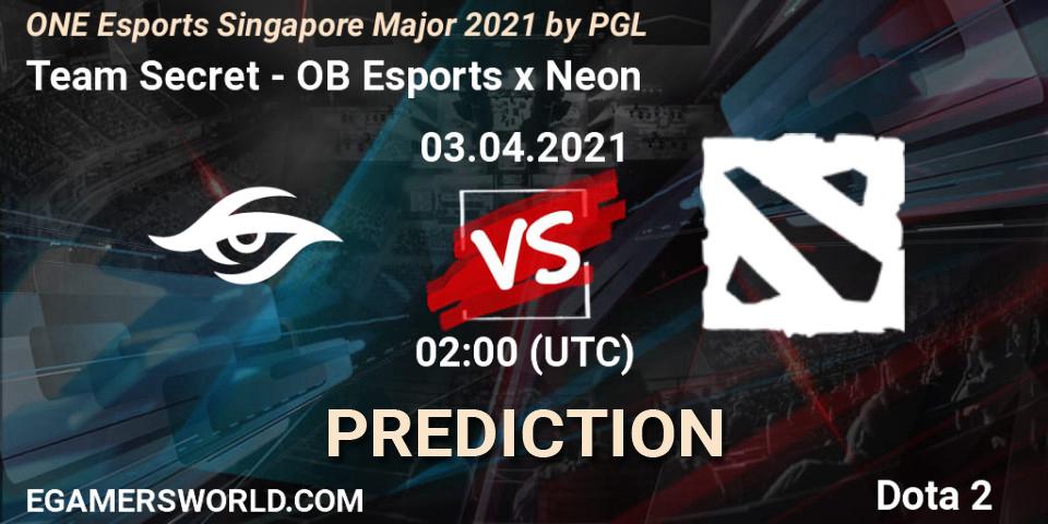 Prognose für das Spiel Team Secret VS OB Esports x Neon. 03.04.21. Dota 2 - ONE Esports Singapore Major 2021