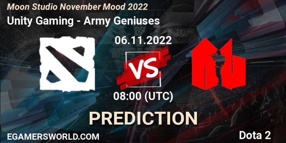 Prognose für das Spiel Unity Gaming VS Army Geniuses. 06.11.2022 at 08:15. Dota 2 - Moon Studio November Mood 2022