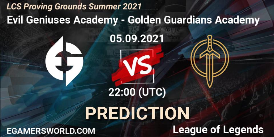 Prognose für das Spiel Evil Geniuses Academy VS Golden Guardians Academy. 05.09.2021 at 22:00. LoL - LCS Proving Grounds Summer 2021