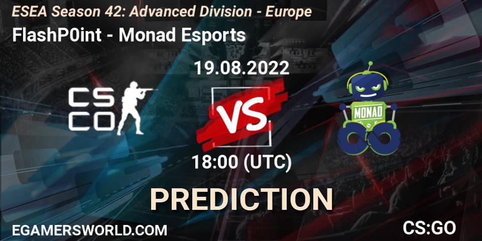 Prognose für das Spiel FlashP0int VS Monad Esports. 19.08.2022 at 18:00. Counter-Strike (CS2) - ESEA Season 42: Advanced Division - Europe