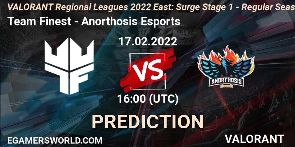 Prognose für das Spiel Team Finest VS Anorthosis Esports. 17.02.2022 at 16:00. VALORANT - VALORANT Regional Leagues 2022 East: Surge Stage 1 - Regular Season