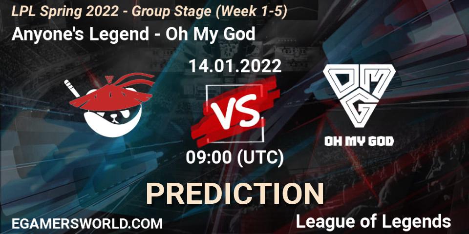 Prognose für das Spiel Anyone's Legend VS Oh My God. 14.01.2022 at 09:00. LoL - LPL Spring 2022 - Group Stage (Week 1-5)