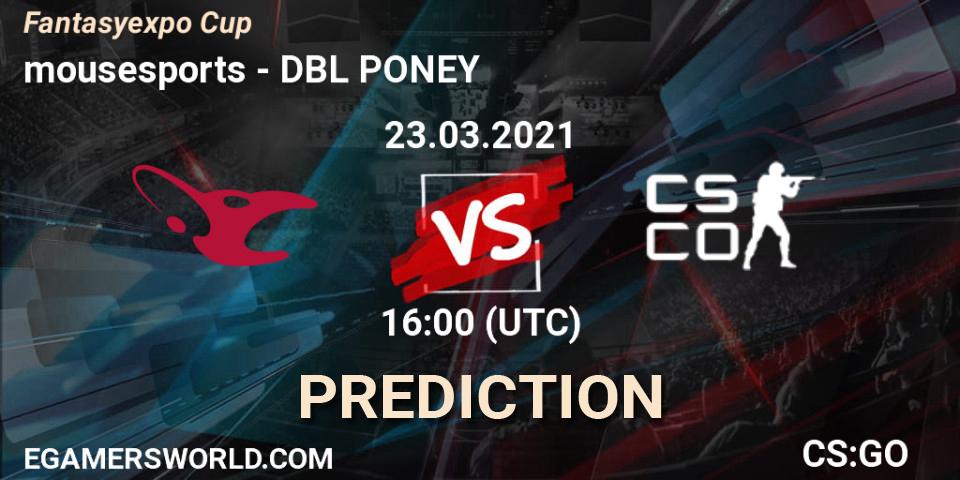 Prognose für das Spiel mousesports VS DBL PONEY. 23.03.2021 at 16:00. Counter-Strike (CS2) - Fantasyexpo Cup Spring 2021