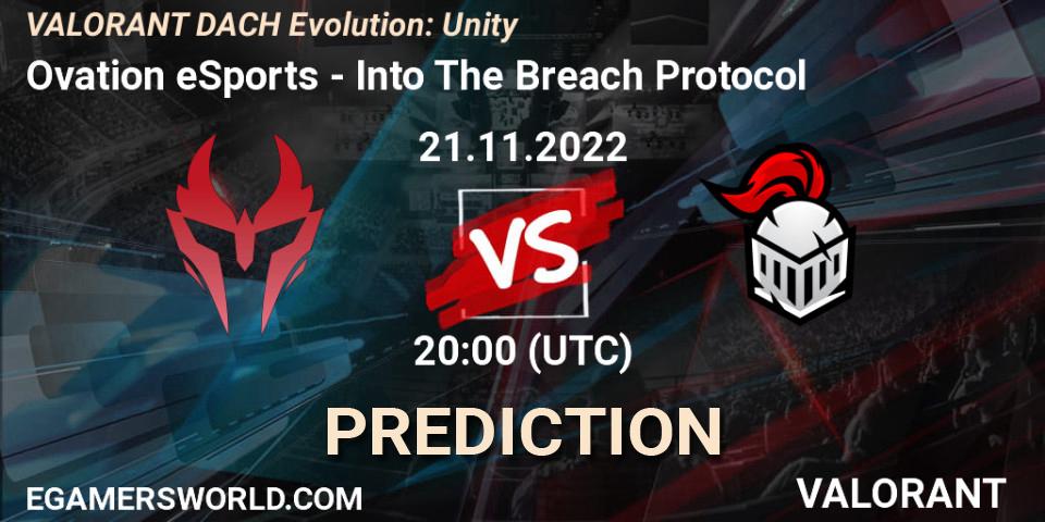 Prognose für das Spiel Ovation eSports VS Into The Breach Protocol. 21.11.2022 at 20:00. VALORANT - VALORANT DACH Evolution: Unity