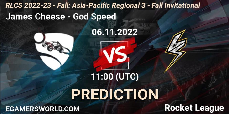 Prognose für das Spiel James Cheese VS God Speed. 06.11.2022 at 11:00. Rocket League - RLCS 2022-23 - Fall: Asia-Pacific Regional 3 - Fall Invitational