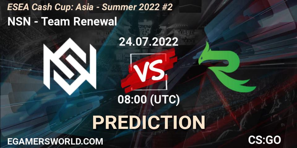 Prognose für das Spiel NSN VS Team Renewal. 24.07.2022 at 08:00. Counter-Strike (CS2) - ESEA Cash Cup: Asia - Summer 2022 #2