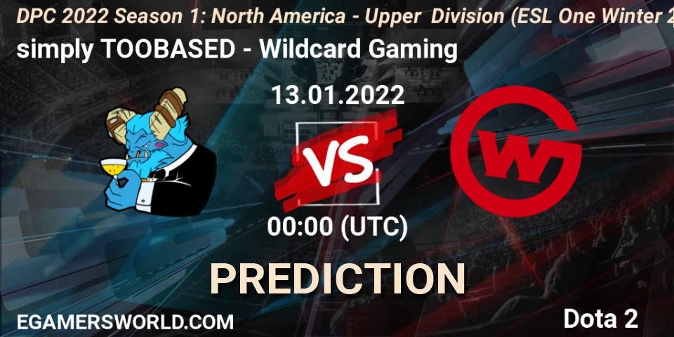 Prognose für das Spiel simply TOOBASED VS Wildcard Gaming. 12.01.2022 at 22:55. Dota 2 - DPC 2022 Season 1: North America - Upper Division (ESL One Winter 2021)