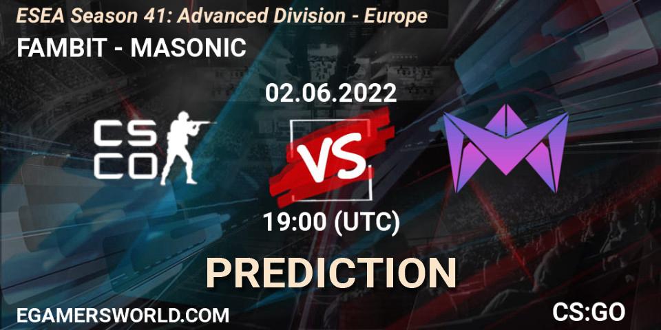 Prognose für das Spiel FAMBIT VS MASONIC. 02.06.2022 at 19:00. Counter-Strike (CS2) - ESEA Season 41: Advanced Division - Europe