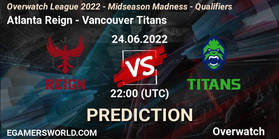 Prognose für das Spiel Atlanta Reign VS Vancouver Titans. 24.06.2022 at 22:00. Overwatch - Overwatch League 2022 - Midseason Madness - Qualifiers