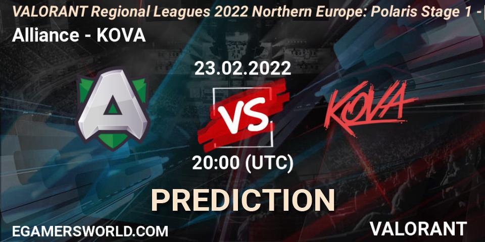 Prognose für das Spiel Alliance VS KOVA. 23.02.2022 at 20:00. VALORANT - VALORANT Regional Leagues 2022 Northern Europe: Polaris Stage 1 - Regular Season