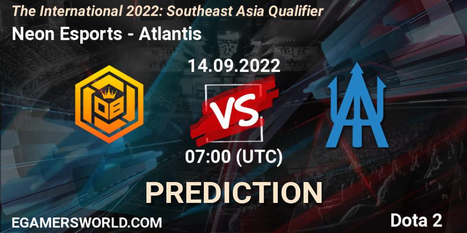 Prognose für das Spiel Neon Esports VS Atlantis. 14.09.2022 at 08:32. Dota 2 - The International 2022: Southeast Asia Qualifier