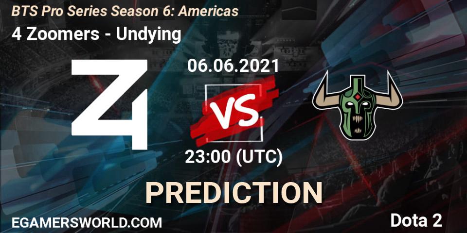 Prognose für das Spiel 4 Zoomers VS Undying. 06.06.2021 at 22:23. Dota 2 - BTS Pro Series Season 6: Americas