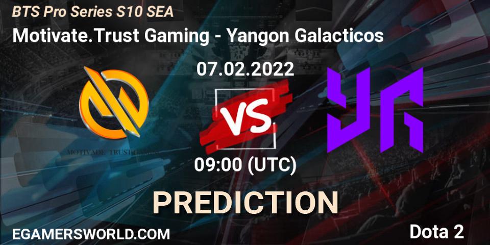 Prognose für das Spiel Motivate.Trust Gaming VS Yangon Galacticos. 07.02.2022 at 09:03. Dota 2 - BTS Pro Series Season 10: Southeast Asia