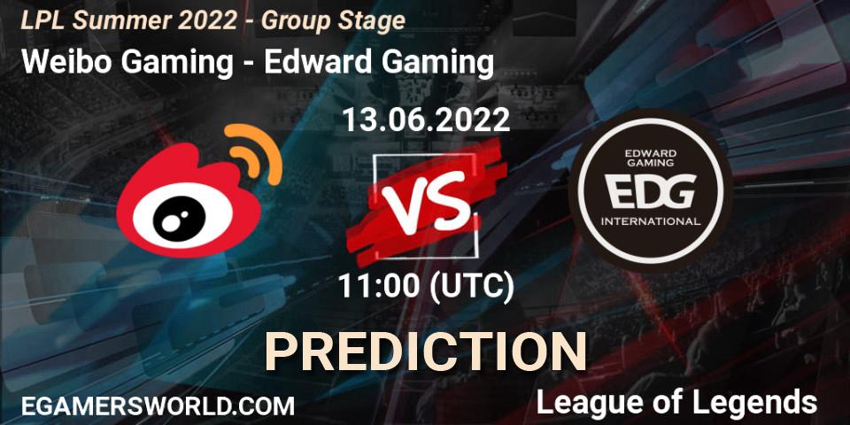 Prognose für das Spiel Weibo Gaming VS Edward Gaming. 13.06.22. LoL - LPL Summer 2022 - Group Stage