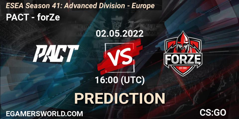 Prognose für das Spiel PACT VS forZe. 03.06.2022 at 15:00. Counter-Strike (CS2) - ESEA Season 41: Advanced Division - Europe