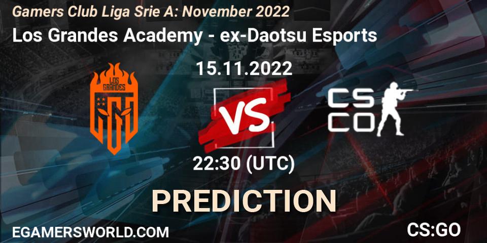 Prognose für das Spiel Los Grandes Academy VS ex-Daotsu Esports. 15.11.2022 at 22:30. Counter-Strike (CS2) - Gamers Club Liga Série A: November 2022