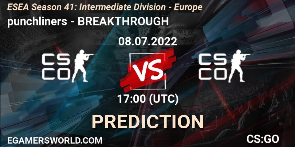 Prognose für das Spiel punchliners VS BREAKTHROUGH. 08.07.2022 at 17:00. Counter-Strike (CS2) - ESEA Season 41: Intermediate Division - Europe