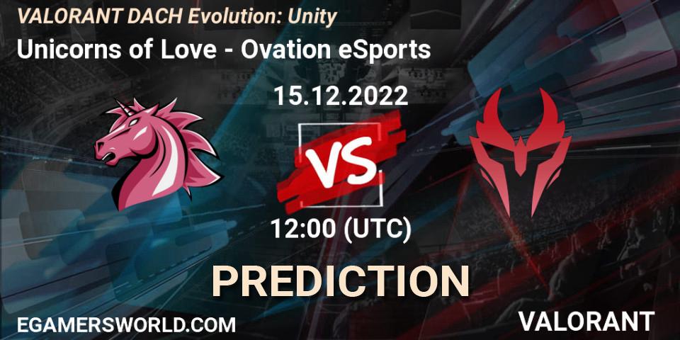 Prognose für das Spiel Unicorns of Love VS Ovation eSports. 15.12.2022 at 12:00. VALORANT - VALORANT DACH Evolution: Unity