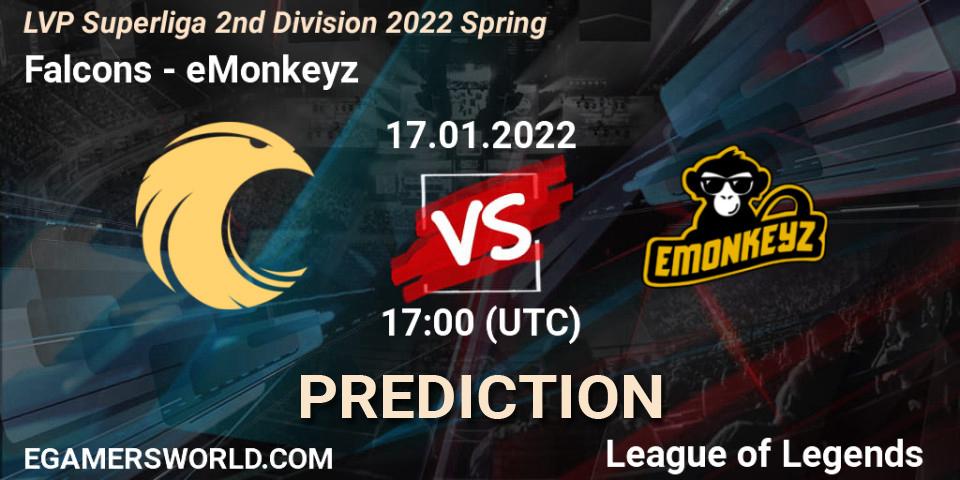 Prognose für das Spiel Falcons VS eMonkeyz. 18.01.2022 at 17:00. LoL - LVP Superliga 2nd Division 2022 Spring
