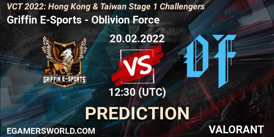 Prognose für das Spiel Griffin E-Sports VS Oblivion Force. 20.02.2022 at 12:30. VALORANT - VCT 2022: Hong Kong & Taiwan Stage 1 Challengers