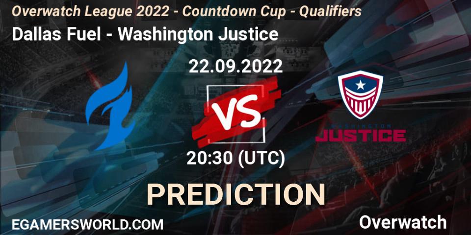 Prognose für das Spiel Dallas Fuel VS Washington Justice. 22.09.2022 at 20:30. Overwatch - Overwatch League 2022 - Countdown Cup - Qualifiers