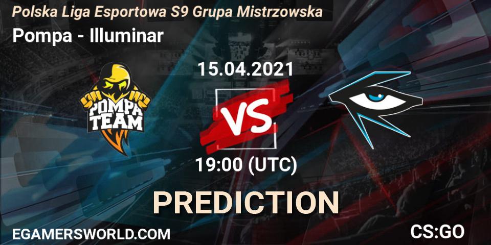 Prognose für das Spiel Pompa VS Illuminar. 15.04.2021 at 19:00. Counter-Strike (CS2) - Polska Liga Esportowa S9 Grupa Mistrzowska