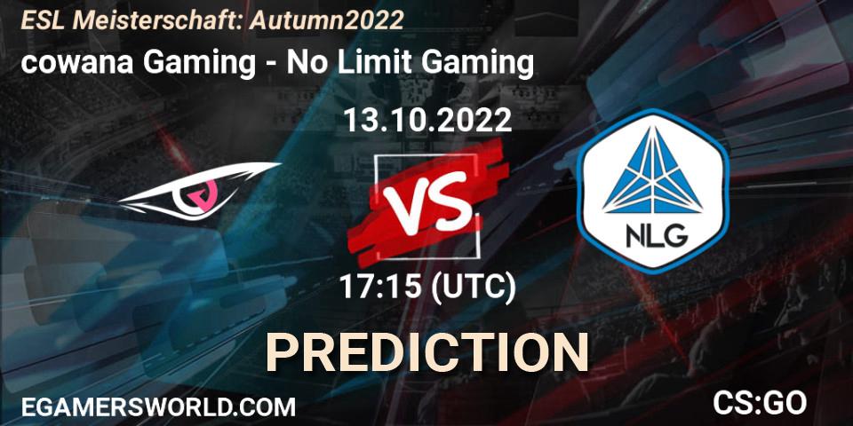 Prognose für das Spiel cowana Gaming VS No Limit Gaming. 13.10.22. CS2 (CS:GO) - ESL Meisterschaft: Autumn 2022