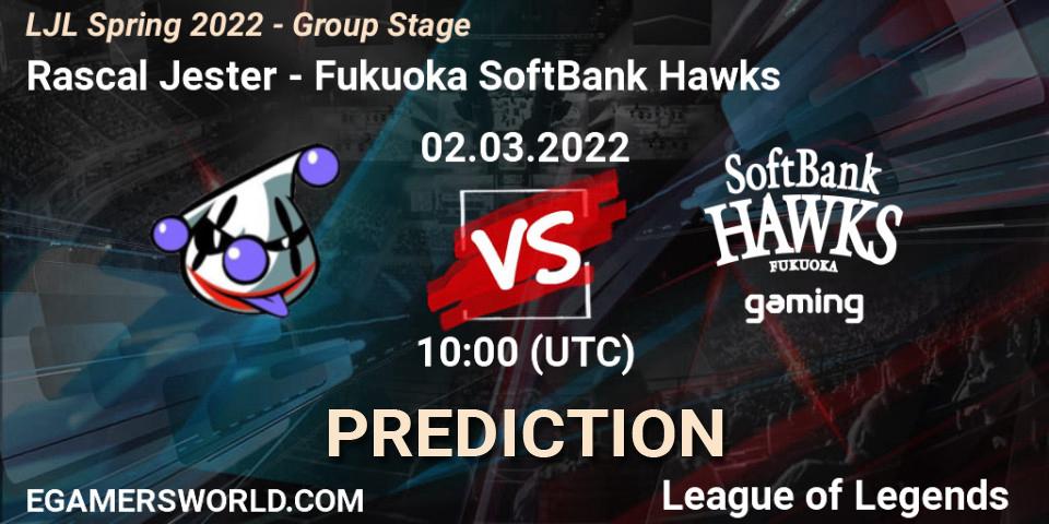 Prognose für das Spiel Rascal Jester VS Fukuoka SoftBank Hawks. 02.03.2022 at 10:00. LoL - LJL Spring 2022 - Group Stage
