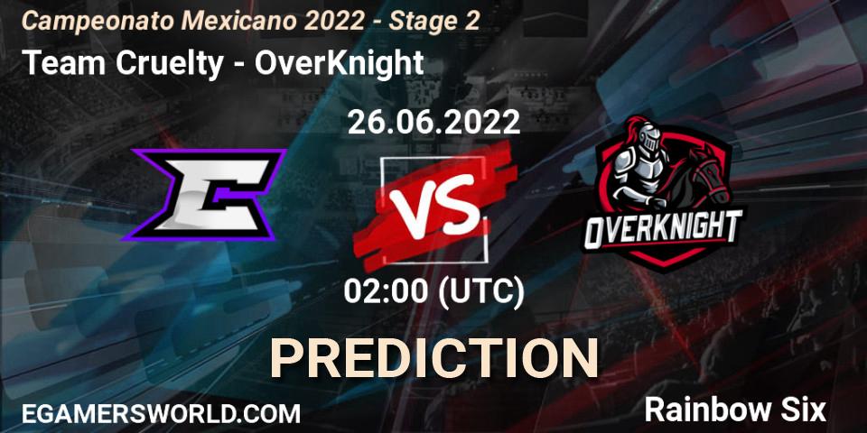 Prognose für das Spiel Team Cruelty VS OverKnight. 26.06.2022 at 02:00. Rainbow Six - Campeonato Mexicano 2022 - Stage 2