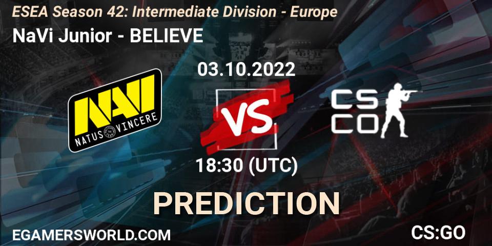 Prognose für das Spiel NaVi Junior VS BELIEVE. 03.10.2022 at 17:00. Counter-Strike (CS2) - ESEA Season 42: Intermediate Division - Europe
