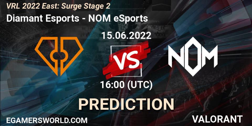Prognose für das Spiel Diamant Esports VS NOM eSports. 15.06.2022 at 16:10. VALORANT - VRL 2022 East: Surge Stage 2