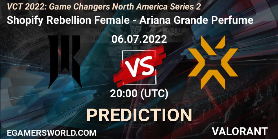 Prognose für das Spiel Shopify Rebellion Female VS Ariana Grande Perfume. 06.07.2022 at 20:15. VALORANT - VCT 2022: Game Changers North America Series 2