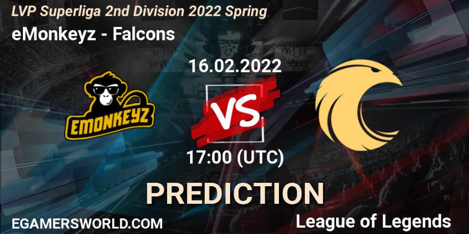 Prognose für das Spiel eMonkeyz VS Falcons. 16.02.22. LoL - LVP Superliga 2nd Division 2022 Spring