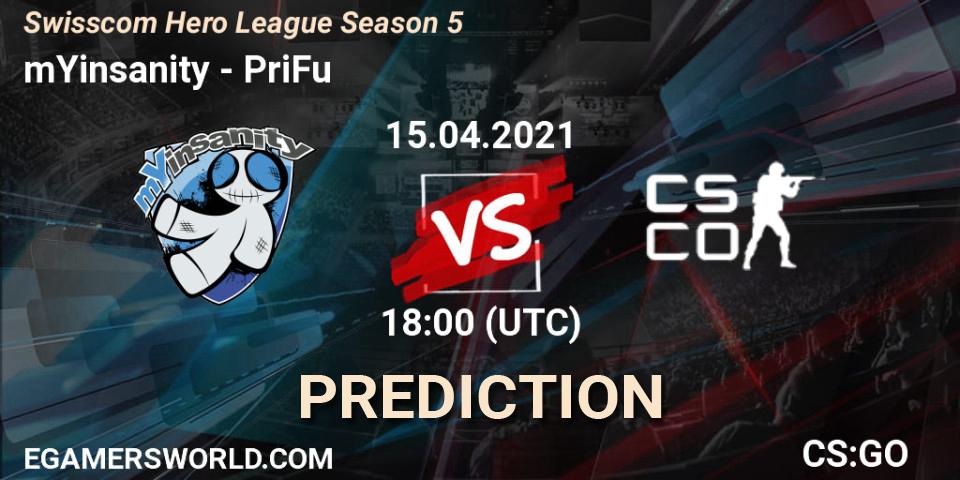 Prognose für das Spiel mYinsanity VS PriFu. 15.04.2021 at 18:00. Counter-Strike (CS2) - Swisscom Hero League Season 5