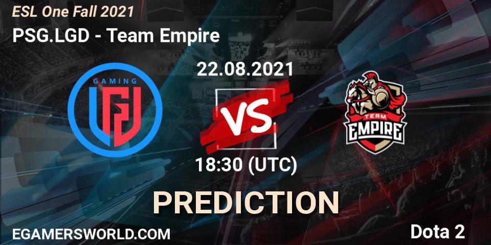 Prognose für das Spiel PSG.LGD VS Team Empire. 22.08.2021 at 18:27. Dota 2 - ESL One Fall 2021