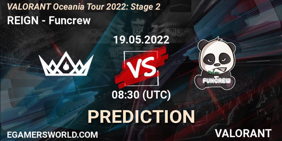 Prognose für das Spiel REIGN VS Funcrew. 19.05.2022 at 08:30. VALORANT - VALORANT Oceania Tour 2022: Stage 2