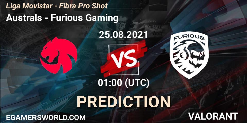 Prognose für das Spiel Australs VS Furious Gaming. 25.08.2021 at 02:00. VALORANT - Liga Movistar - Fibra Pro Shot