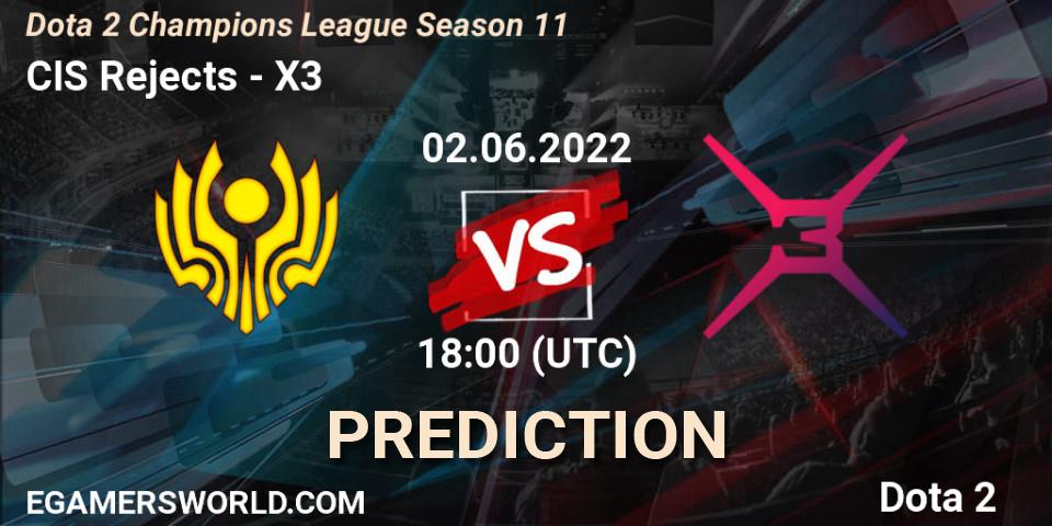Prognose für das Spiel CIS Rejects VS X3. 02.06.2022 at 18:38. Dota 2 - Dota 2 Champions League Season 11