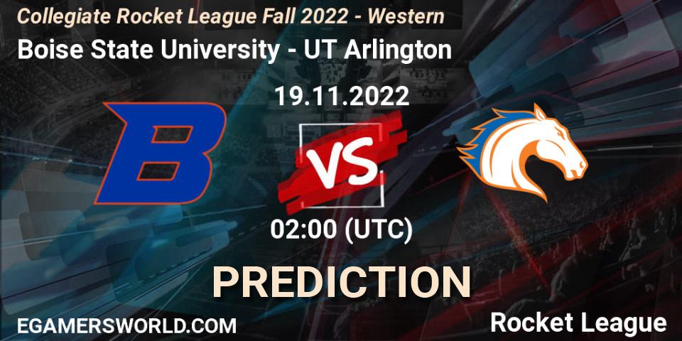Prognose für das Spiel Boise State University VS UT Arlington. 19.11.2022 at 02:00. Rocket League - Collegiate Rocket League Fall 2022 - Western