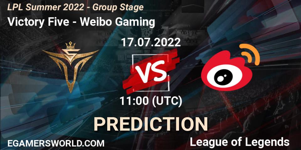 Prognose für das Spiel Victory Five VS Weibo Gaming. 17.07.22. LoL - LPL Summer 2022 - Group Stage