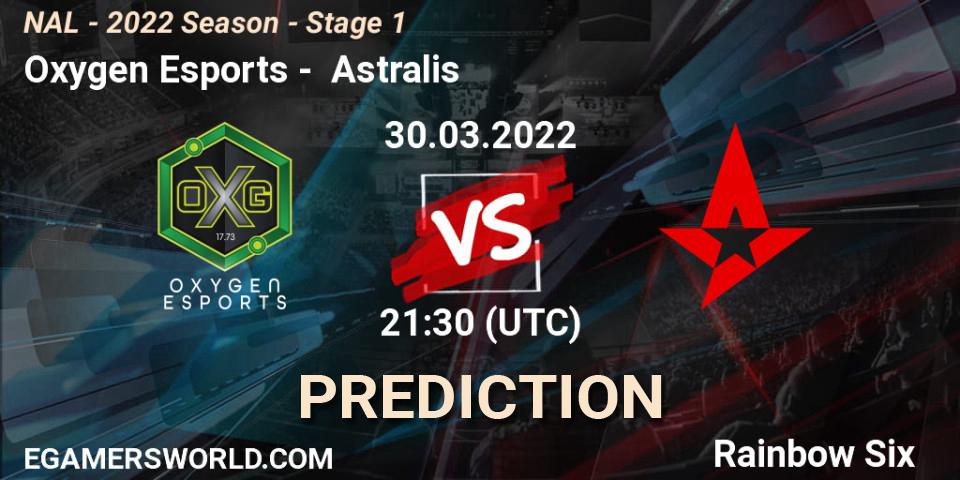 Prognose für das Spiel Oxygen Esports VS Astralis. 30.03.2022 at 21:30. Rainbow Six - NAL - Season 2022 - Stage 1