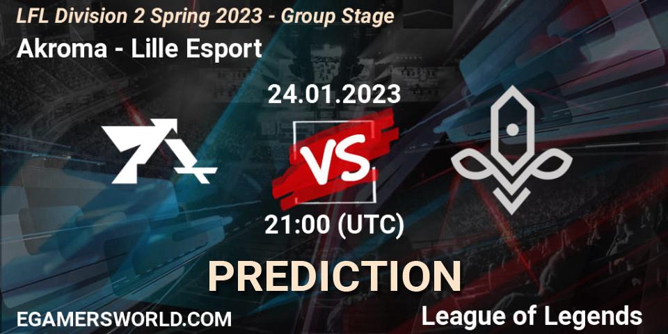 Prognose für das Spiel Akroma VS Lille Esport. 24.01.2023 at 21:15. LoL - LFL Division 2 Spring 2023 - Group Stage