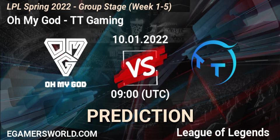 Prognose für das Spiel Oh My God VS TT Gaming. 10.01.2022 at 09:00. LoL - LPL Spring 2022 - Group Stage (Week 1-5)