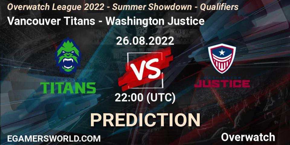 Prognose für das Spiel Vancouver Titans VS Washington Justice. 26.08.2022 at 22:00. Overwatch - Overwatch League 2022 - Summer Showdown - Qualifiers