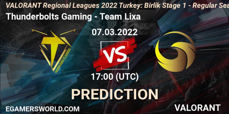 Prognose für das Spiel Thunderbolts Gaming VS Team Lixa. 07.03.2022 at 16:40. VALORANT - VALORANT Regional Leagues 2022 Turkey: Birlik Stage 1 - Regular Season
