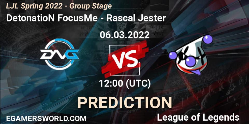 Prognose für das Spiel DetonatioN FocusMe VS Rascal Jester. 06.03.22. LoL - LJL Spring 2022 - Group Stage