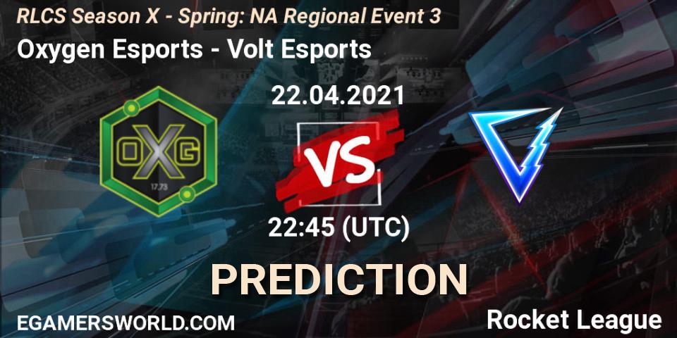 Prognose für das Spiel Oxygen Esports VS Volt Esports. 22.04.2021 at 22:45. Rocket League - RLCS Season X - Spring: NA Regional Event 3