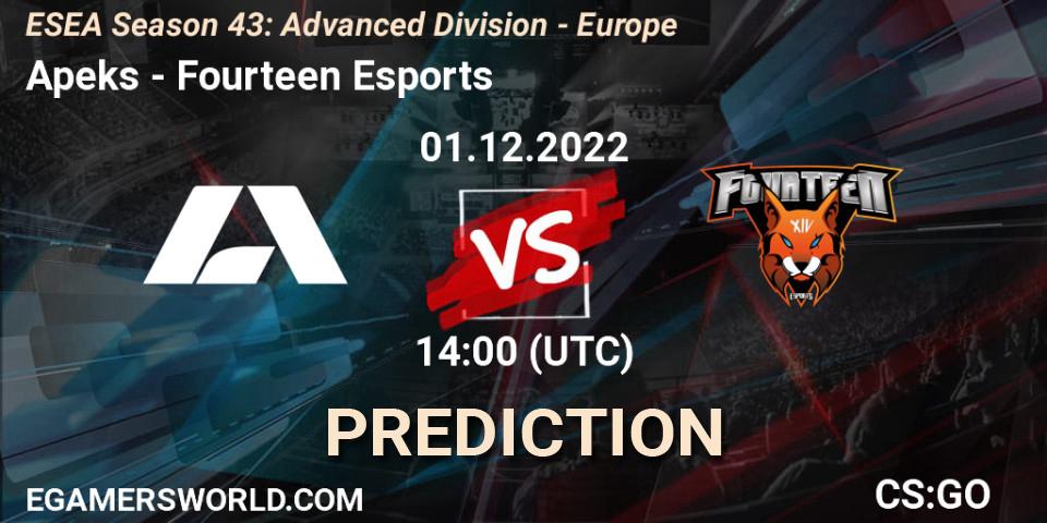 Prognose für das Spiel Apeks VS Fourteen Esports. 01.12.22. CS2 (CS:GO) - ESEA Season 43: Advanced Division - Europe