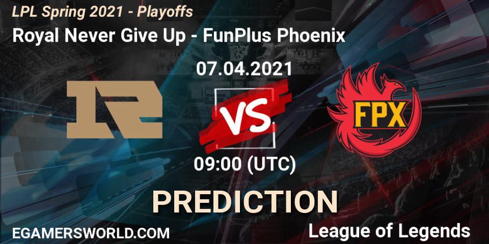 Prognose für das Spiel Royal Never Give Up VS FunPlus Phoenix. 07.04.2021 at 09:00. LoL - LPL Spring 2021 - Playoffs