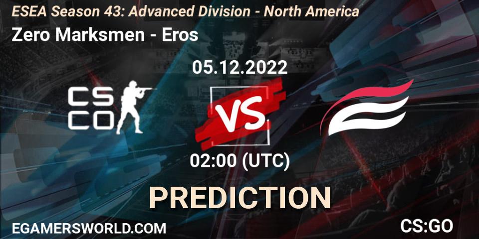 Prognose für das Spiel Zero Marksmen VS Eros. 05.12.2022 at 02:00. Counter-Strike (CS2) - ESEA Season 43: Advanced Division - North America